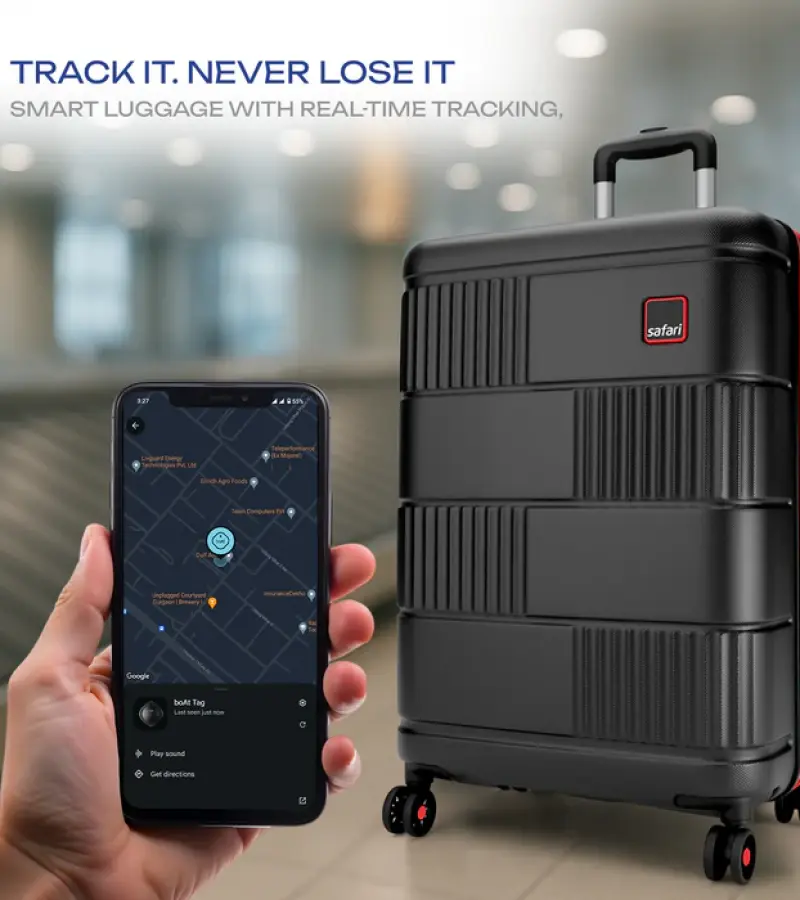 Safari Trackr GPS Enabled Black Trolley Bag with BoAt tag, TSA Lock, Dual wheels and Wet Pouch Organized Interior